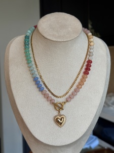 Conjunto de Collar con Colgante de Corazón de Oro y Cuentas de Piedras Preciosas Coloridas, Cadena Cubana de <span class=keywords><strong>Acero</strong></span> <span class=keywords><strong>Inoxidable</strong></span>, Joyería de Playa Resistente al Agua - Product Image 3