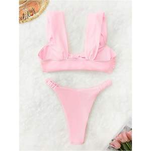 Ensemble bikini deux pièces personnalisé pour femme, maillot de bain bandeau torsadé coupe haute, extensible en Spandex et Polyester, tenue de plage - Product Image 5