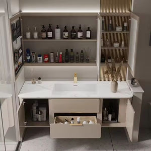 Meuble-lavabo de salle de bain intelligent moderne de luxe couleur chaude en MDF laqué avec miroir nid d'abeille et éclairage LED, vasque en céramique blanche pour usage hospitalier - Product Image 4