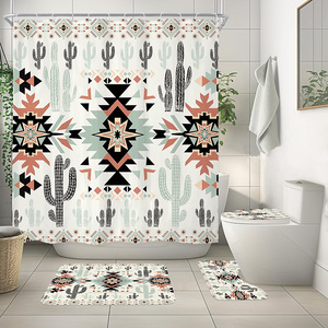 南西部Boho Tribal Geometric Ethnic 72W x 72Hインチ西部Aztecサボテンシャワーカーテン浴室用 - Product Image 1
