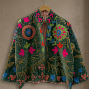 Chaqueta Bomber Étnica de Terciopelo Verde Oscuro para Mujer, Hecha a Mano, con Flores, Transpirable, de Algodón, Mangas Largas, para Otoño/Invierno - Product Image 3