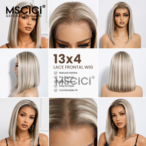 Perruque courte bob en cheveux humains <span class=keywords><strong>blond</strong></span> <span class=keywords><strong>cendré</strong></span> <span class=keywords><strong>glacé</strong></span> avec mèches, pré-épilée, cuir chevelu réaliste, sans colle, lace frontale 13x4, pour femmes, prête à être expédiée - Product Image 2