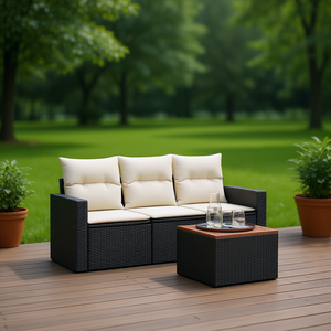 Ensemble de canapés de jardin en rotin blanc crème et noir, 3 places, mobilier d'extérieur, design contemporain - Product Image 2