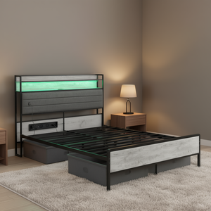 Base de Cama Matrimonial con Luces LED, Estación de Carga, Cabecera Tapizada en Gris Cemento, Modelo D0100X3HHK8 con Almacenamiento - Product Image 2