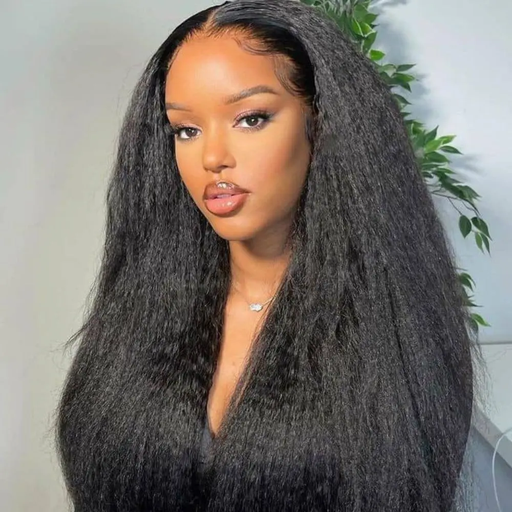2022 New Style natural black color Bleach Knot kinky twist braided lace wig Peruvian Virgin Hair kinky straight wig