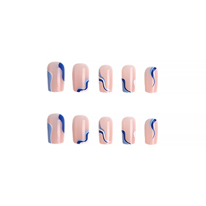 24 Uñas Postizas Cuadradas Medianas con Diseño de Ondas Azules, Uñas Artificiales Reutilizables en <span class=keywords><strong>Rosa</strong></span> Nude con Pestañas Adhesivas - Product Image 3