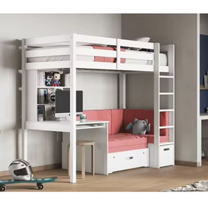Lit superposé en bois massif avec tiroirs de rangement et bureau intégré, lit superposé double sur grand lit avec rangement en bois - Product Image 4