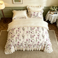 Parure de lit en coton 100% à volants violet lavande, style romantique français, motif floral moyen lavande et mauve, collection Princesse