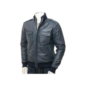 Blouson aviateur à col montant bleu marine élégant en cuir pour hommes vêtements d'équitation d'hiver avec une nouvelle tenue à la mode en peau d'agneau - Product Image 1