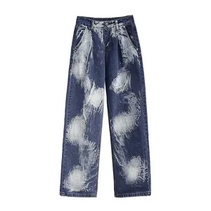 DiZNEW Spring And Autumn High Waist Loose Street Straight Tie Dye Jeans Women Show Thin Wide Leg Trousers