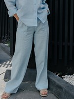 Ensemble en lin bleu ciel 2 pièces, lin de qualité supérieure personnalisé, haut et pantalon en lin uni à manches longues pour femmes, ensemble 2 pièces pour femmes