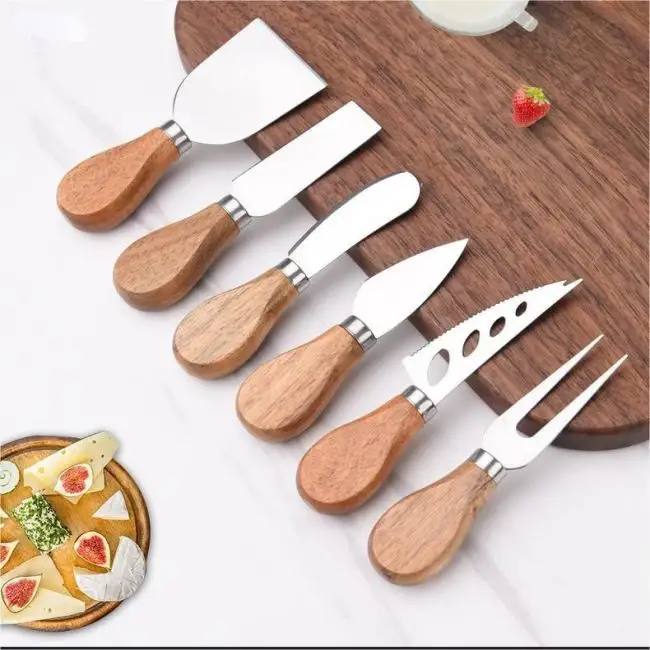 Hot Selling Baking Food Cutting Tools 6 Piece Acacia Wood Stainless Steel Set Board Wooden Cheese Knife Sets