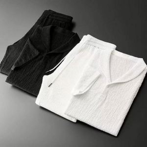 Costumes décontractés pour hommes en 2 pièces pour l'été, hauts à manches courtes + pantalons longs, couleur unie, col polo, boutons, taille élastique, séchage rapide - Product Image 3