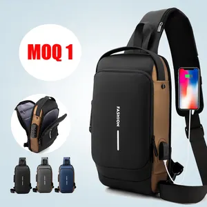 Custom Logo Polyester Crossbody Tassen Voor Mannen Met Usb-Poort En Enkele Schouderband Waterdichte Borst Pack Mode Messenger Bag