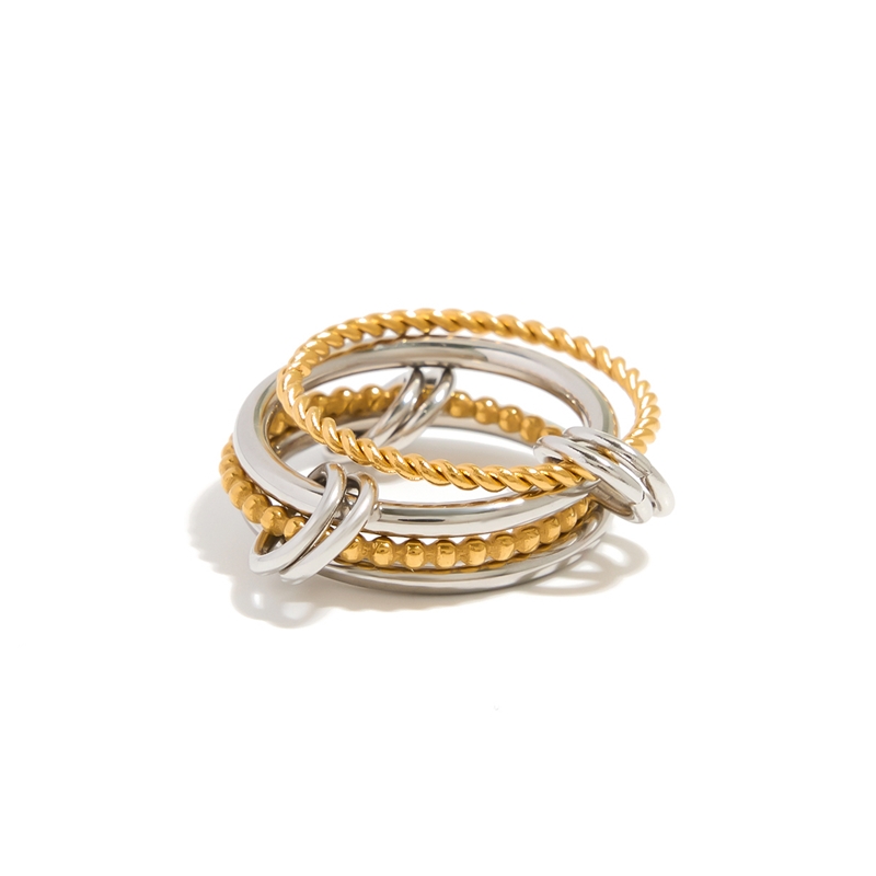 JFJEWER Ins Chic Titanium Steel Four-layer Twisted Ring with Round Wire Two Tone Link Rings for Women
