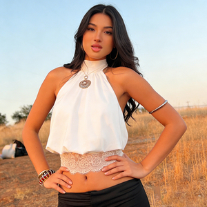 Women's satin halter neck backless stand collar cropped top, lace hem waist-cinching sexy vest - Product Image 3