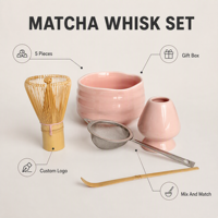 Ensemble de rose matcha Harmony, kit en céramique rose comprenant un porte-fouet pour bol (chasen) cuillère à fouet en bambou service à thé japonais pour femme