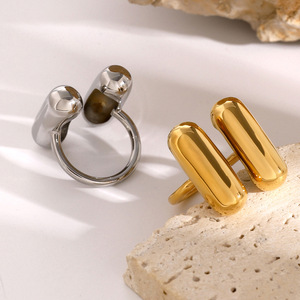 Double-Sided Capsule <b>Open</b> <b>Ring</b> Gold Plated Stainless Steel Geometric Shape Unisex Jewelry Gift - Product Image 3