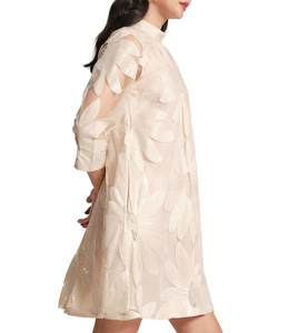 Robe élégante en organza brodée, longueur genou, avec col mandarin, manches trois quarts, imprimé floral, coupe ample, formelle, printemps - Product Image 6
