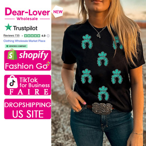 Dear-Lover <span class=keywords><strong>T</strong></span>-<span class=keywords><strong>shirt</strong></span> à paillettes à motif <span class=keywords><strong>turquoise</strong></span> occidental noir pour femmes en gros - Product Image 1