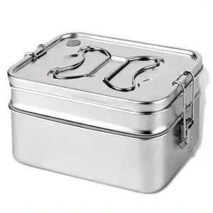 Large Capacity Double Layer Square Metal Food Container 304 Stainless Steel Insulated Bento Lunch Box
