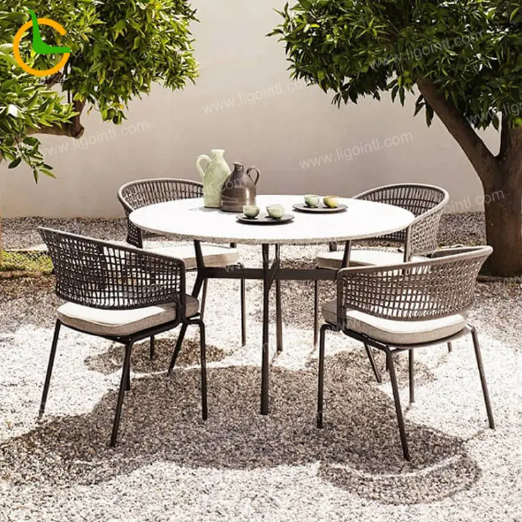 Luxury Outdoor Dining Sets Commercial Hotel Restaurant Table and Chairs Modern Garden Furniture Set Contemporary Aluminum Frame