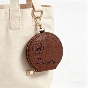 Leather Square Fashion Coin Purse Custom <b>Engraved</b> Name Flower Design Small Zippered <b>Wallet</b> Keychain Daily Use Custom Brand - Product Image 5