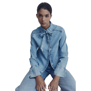 เสื้อเชิ้ตเดนิมลำลองแบบกระดุมสำหรับผู้หญิง ผลิตจากวัสดุที่เป็นมิตรต่อสิ่งแวดล้อม ระบายอากาศได้ดี แขนยาว ทันสมัย น้ำหนักเบา เหมาะสำหรับใส่ในชีวิตประจำวัน รับผลิตแบบ OEM ODM - Product Image 3