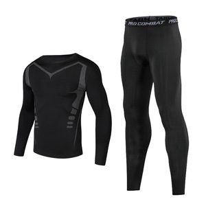 Conjunto de 2 Piezas para Hombre, Pantalones de Compresión Sólidos y Camiseta de Manga Larga, Transpirable, de Secado Rápido, Forro Polar, Corte Ajustado, para Correr y Senderismo - Product Image 1