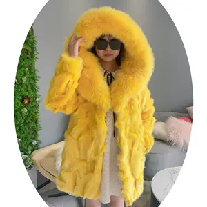 Janefur longo estilo tingido real fox fur coat com capuz personalizado mulheres inverno grosso amarelo longo casaco de pele com capuz