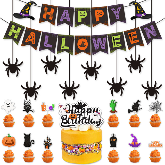2026 Halloween Themed Party Decoration Set with Happy Halloween Banner Spider Pendant Cake Toppers