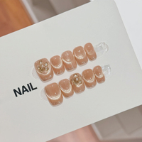 Faux ongles artisanaux Champagne Cat Eye à effet scintillant, style français, avec motifs en cristal 3D et perles florales, réutilisables pour manucure quotidienne