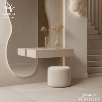Meuble-lavabo flottant sur mesure avec grand miroir LED rond, panneaux cannelés, bureau de maquillage, mobilier pour projets hôteliers, vente en gros