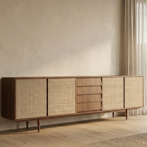 Cómoda Minimalista de Madera Maciza de Teca Elmar con Puertas de Panel Tejido y Cajones Centrales para Dormitorio, Sala de Estar o Almacenamiento - Product Image 4