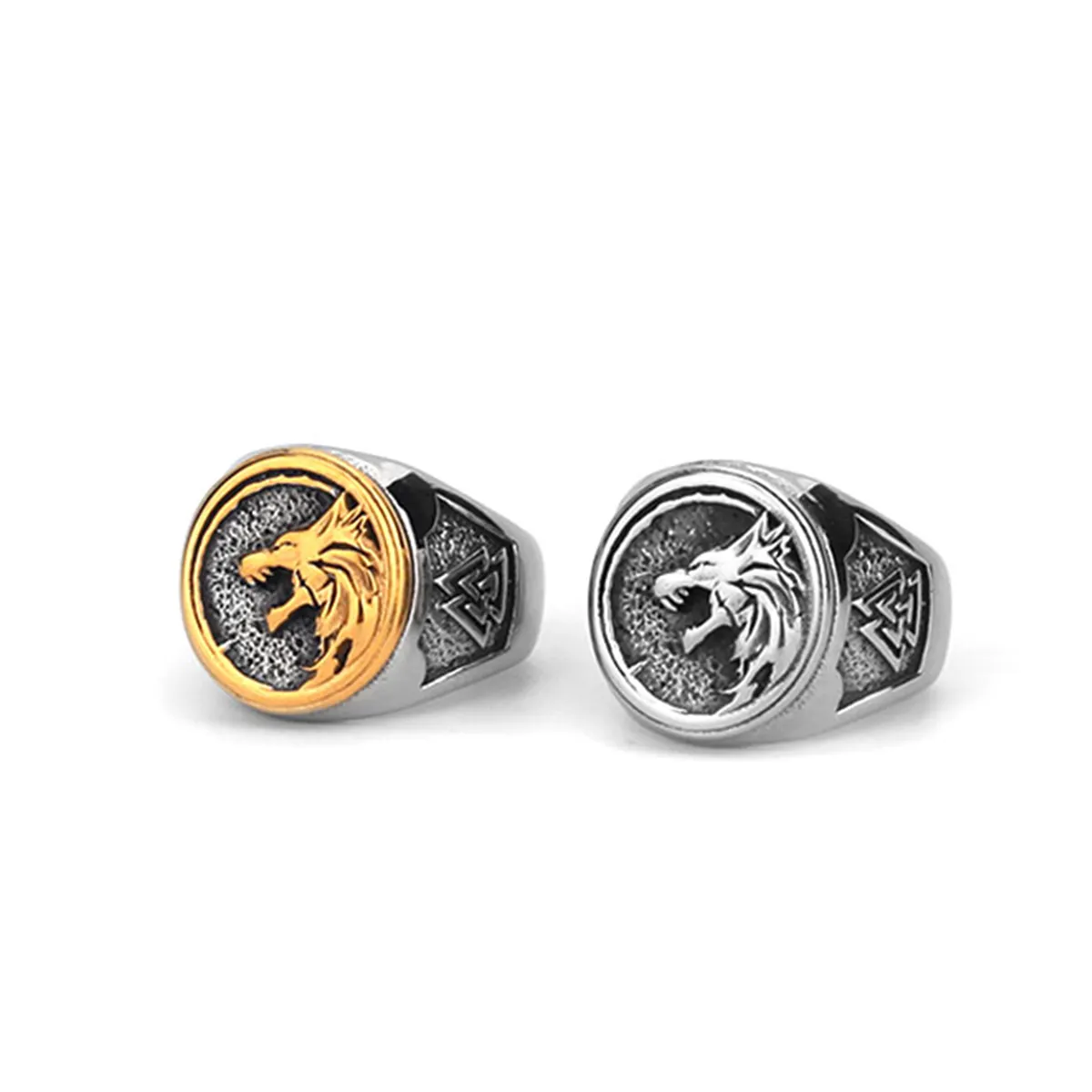Hip Hop Punk Ring Stainless Steel Nordic Viking Gold Wolf Head Rune Men's Amulet Ring for Charm Fashion Viking Jewelry