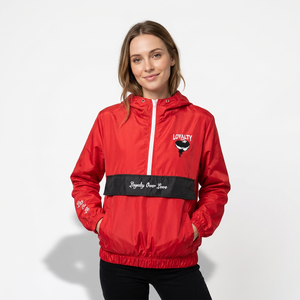 Chaqueta Roja con Capucha, Tejida, Cortavientos, con Logotipo Frontal y Estampado 'Loyalty Over Love', Corte Regular, Ropa Urbana para Mujer, 100% Poliéster, para Otoño - Product Image 1