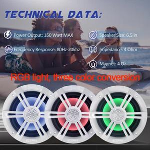 6.5 Inch Marine Loa Với RGB Ánh Sáng Trắng Đen Không Thấm Nước Biển 2 Cách Loa 300 Watts Mỗi Cặp Cho Thuyền Xe Tải - Product Image 5