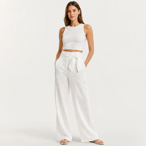 Pantaloni Casual da Donna Bianchi a Vita Media e Gamba Larga, in Misto <span class=keywords><strong>Lino</strong></span> e Viscosa, Traspiranti e Confortevoli, Modello Primaverile ODM - Product Image 2