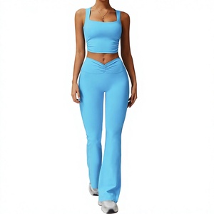 Ensemble de yoga pour femmes, haut court bleu, leggings taille haute, sans couture, en spandex et polyester, vêtements de sport deux pièces, longueur intégrale - Product Image 2
