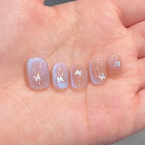 Larmes bleues faites à la main Nail Art Patch été Style court carré oeil <span class=keywords><strong>de</strong></span> chat Aurora papillon bleu presse sur les ongles - Product Image 3