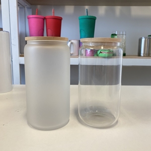 Gobelet à sublimation vierge 16 oz pour soda et café, en verre dépoli transparent, format canette de bière, avec couvercle en bambou et paille, entrepôt USA - Product Image 2