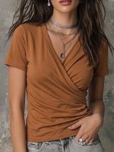 T-shirt décontracté pour femme à col en V, couleur unie, coupe ajustée, manches courtes, 100 % coton jersey, respirant, écologique, séchage rapide, printemps - Product Image 3