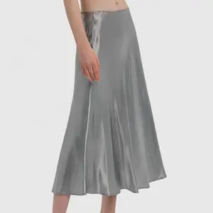 Women Good Quality Basic Cut Side Zipper Office Elegant Solid Silk Satin A-Line Long Maxi Skirt