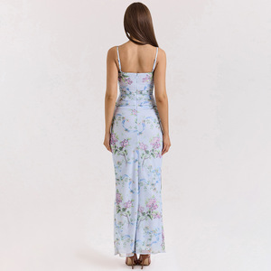 Robe de soirée longue à imprimé floral, col carré, sans manches, fente haute, jupe longue, design respirant et dos nu - Product Image 4