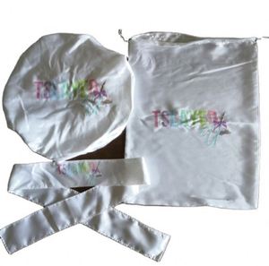 Ensemble de bonnets et foulards en soie avec bande à nouer, grand sac fourre-tout en satin avec cordon de serrage, pochette pour cheveux, personnalisable avec logo promotionnel - Product Image 3