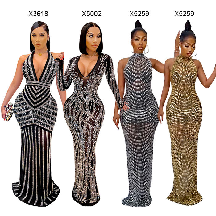 X5002-wholesale Long Sleeve V Neck Rhinestone Party Dress Black Maxi Dress Women Evening Dresses 