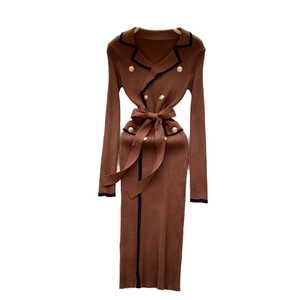 Vestido Midi Casual de Punto Sostenible para Mujer, Estilo Túnica Vintage con Cuello Vuelto, Ajustado, con Encaje en Contraste de Color y Corte Imperio - Product Image 1