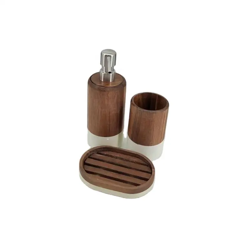 New Product Wholesale Bath Accessory Wooden Bathroom Accessories Set With Soap Dispenser