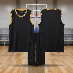 Ensemble de maillots de basket-ball noirs personnalisés en gros avec bordure dorée et shorts ornés d'étoiles, en tissu mesh respirant - Product Image 3