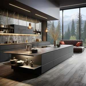 Ensemble de meubles de cuisine haut de gamme, style moderne et luxueux, avec armoire à vin et îlot en verre, multi-matériaux - Product Image 1